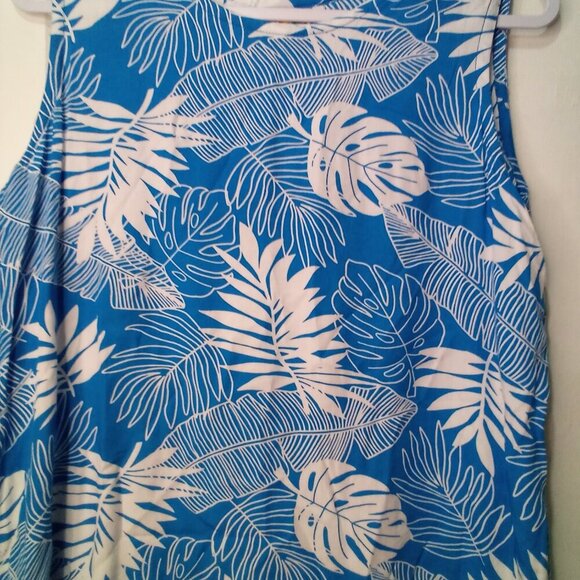 Makai Beach Hawaii Shirt Blouse Women L Sleeveless Tropical Leaves Blue White - Picture 8 of 16